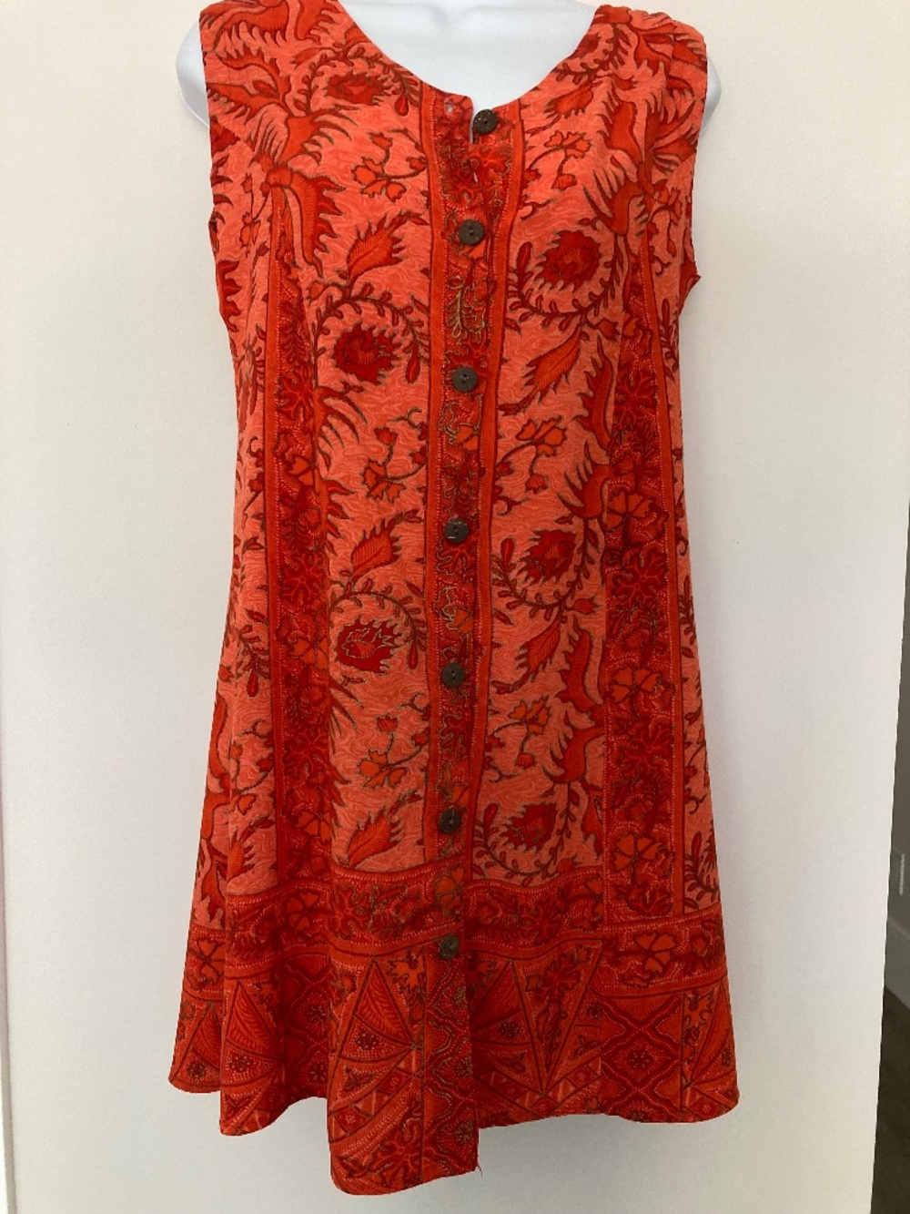 Orange Cotton Batik Sleeveless Dress, Size S